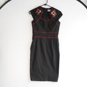 Hell Bunny Vixen Black Red Floral Embroidered Cap Sleeve Pinup Stretch Dress M